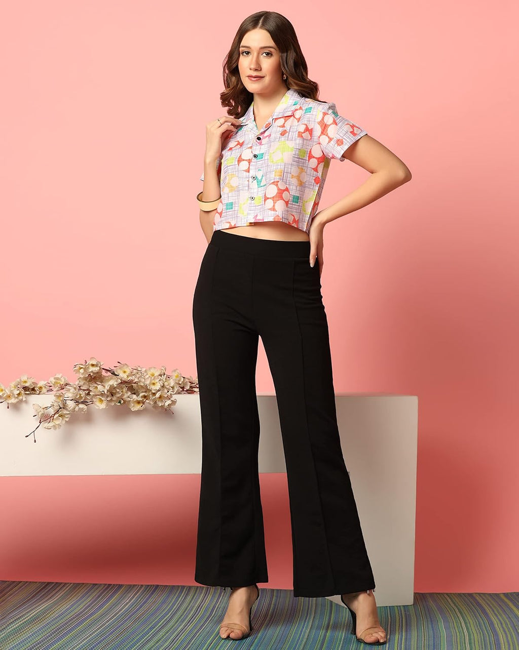TOPLOT V-Collar Printed Crop Shirt for Women with Short Sleeves