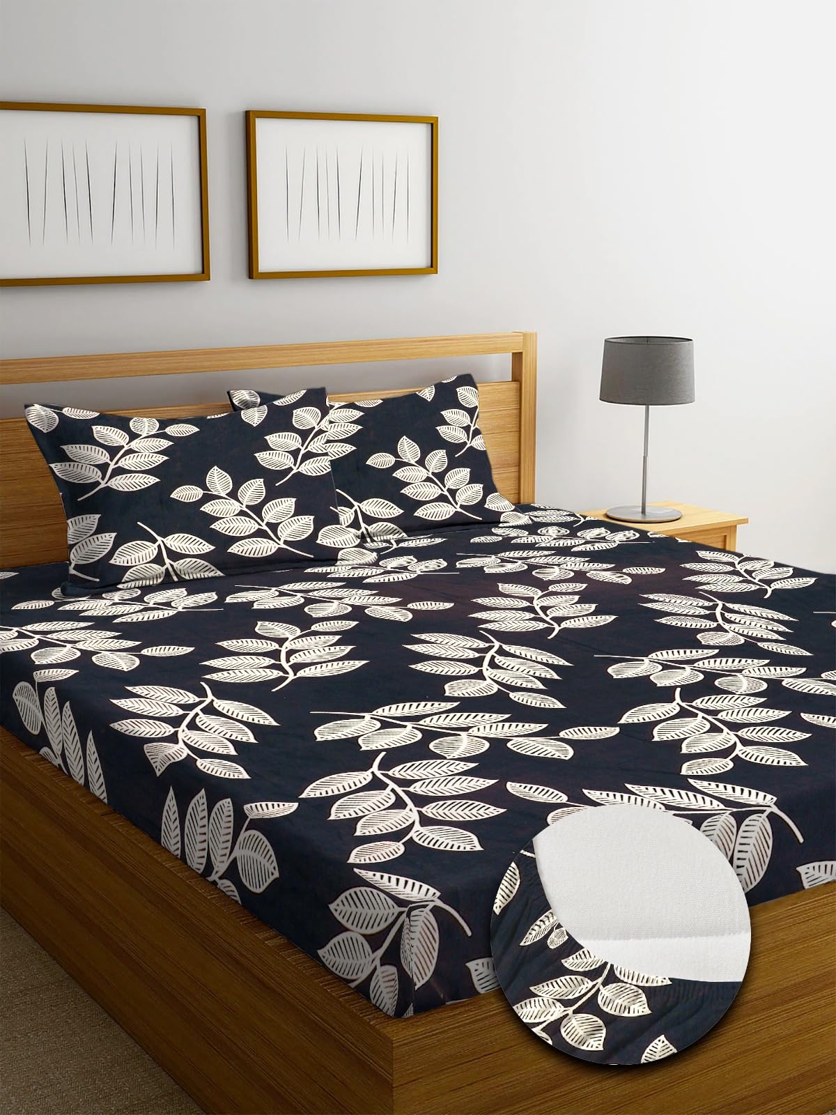 NEW LEAF Premium Cotton Elastic Fitted Bedsheets with 2 King Size Pillow Covers Double Bed with All Around Elastic Supersoft Size - 72 King Sizex78+10 inches Grey White Oval Pattren 200 tc - 220 tc