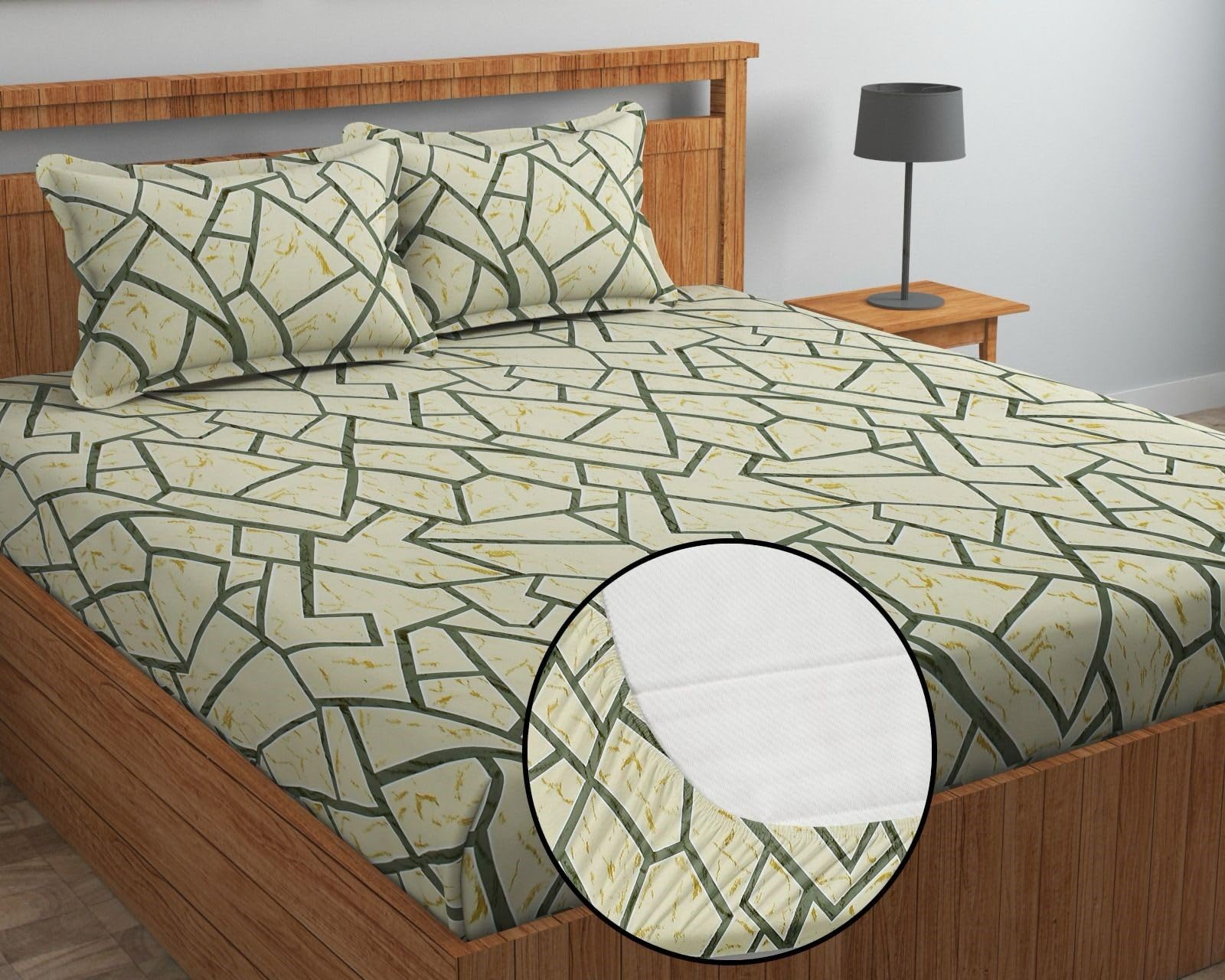 NEW LEAF Premium Cotton Elastic Fitted Bedsheets with 2 King Size Pillow Covers Double Bed with All Around Elastic Supersoft Size - 72 King Sizex78+10 inches Grey White Oval Pattren 200 tc - 220 tc