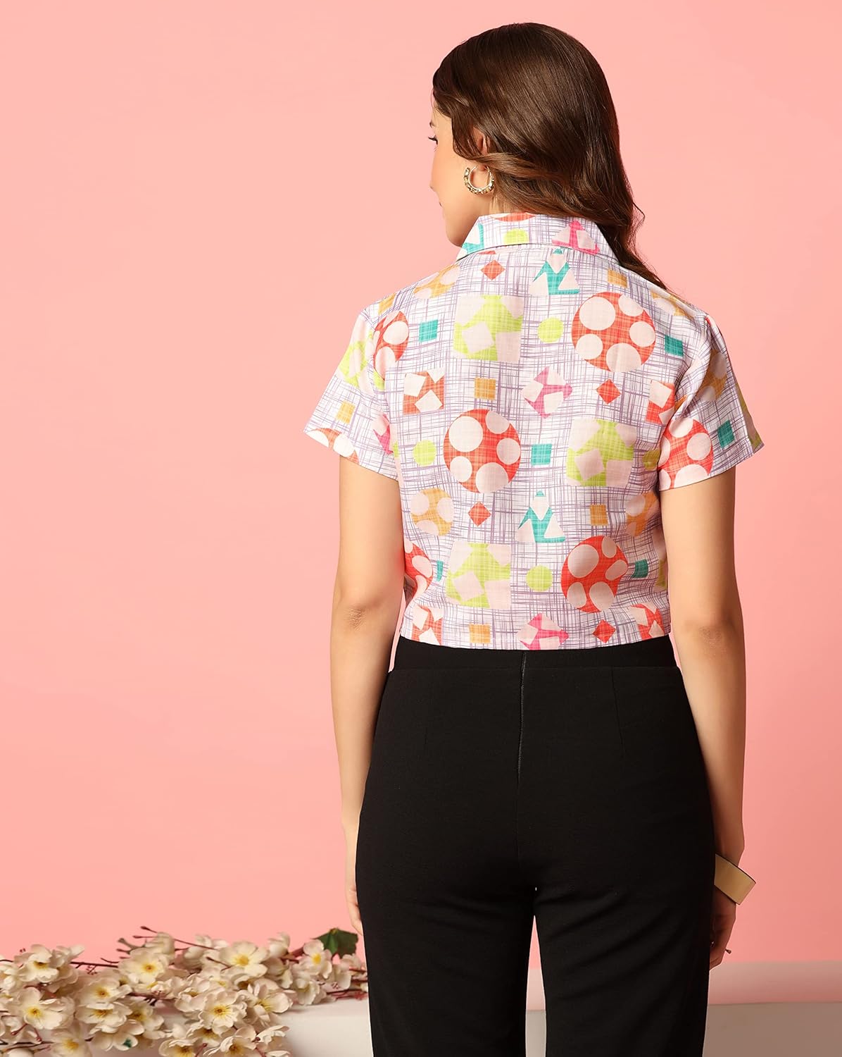 TOPLOT V-Collar Printed Crop Shirt for Women with Short Sleeves