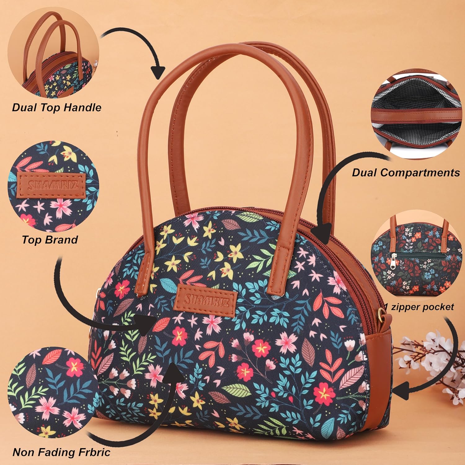 SHAMRIZ Floral Printed Women/Girls Mini Top Handle Handbag Carry Handbag | Mini Hand Purse Hand Held Pouch Dual handle| Vegan Leather