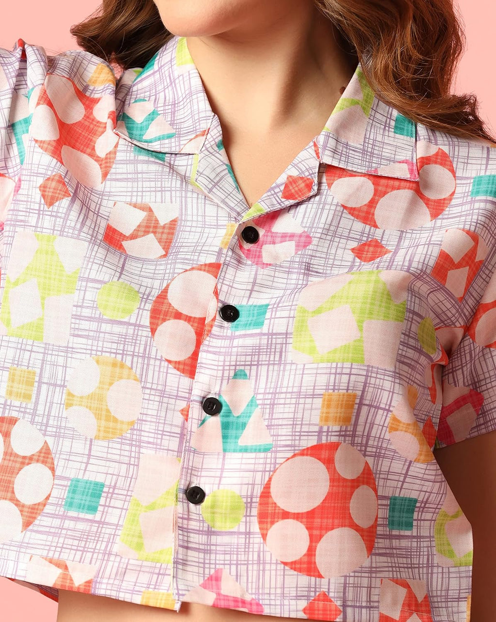 TOPLOT V-Collar Printed Crop Shirt for Women with Short Sleeves